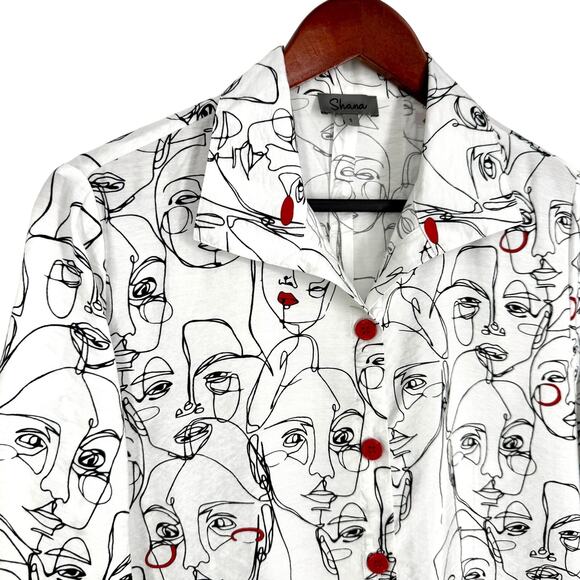 Shana Sz Small Wearable Art to Wear Abstract Blouse Shirt Top Unique White Red - Picture 3 of 7